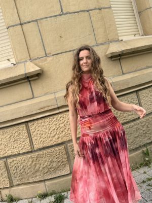 Vestido midi tul estampado rosa halter